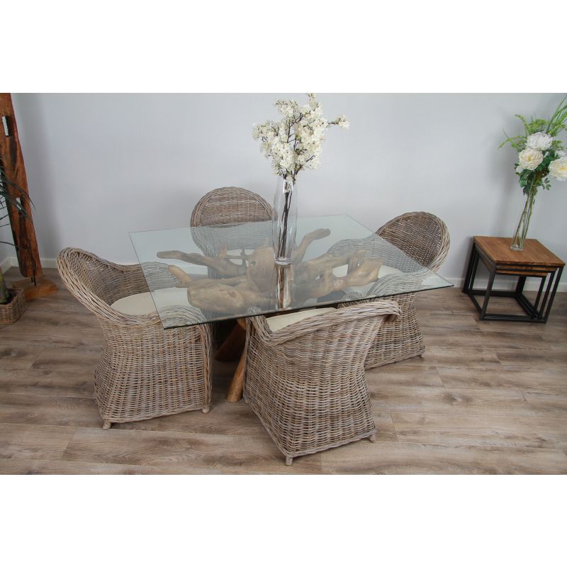 1.5m x 1.2m Reclaimed Teak Root Rectangular Dining Table with 4 Riviera Armchairs