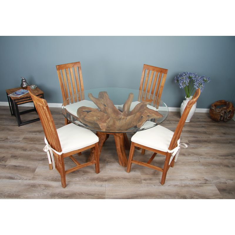 1.2m Reclaimed Teak Root Circular Dining Table with 4 Santos Chairs 