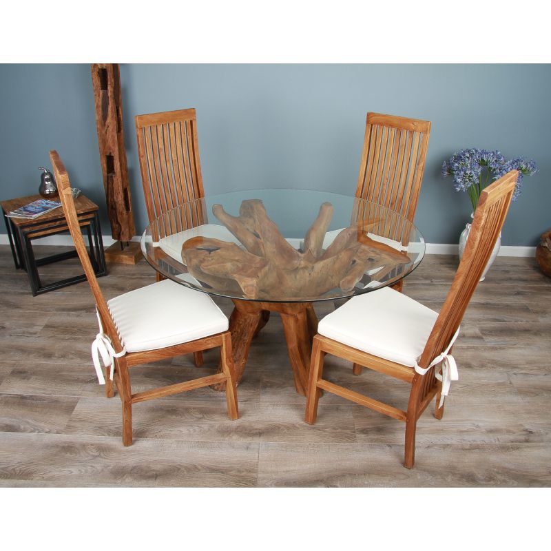 1.2m Reclaimed Teak Root Circular Dining Table with 4 Vikka Chairs
