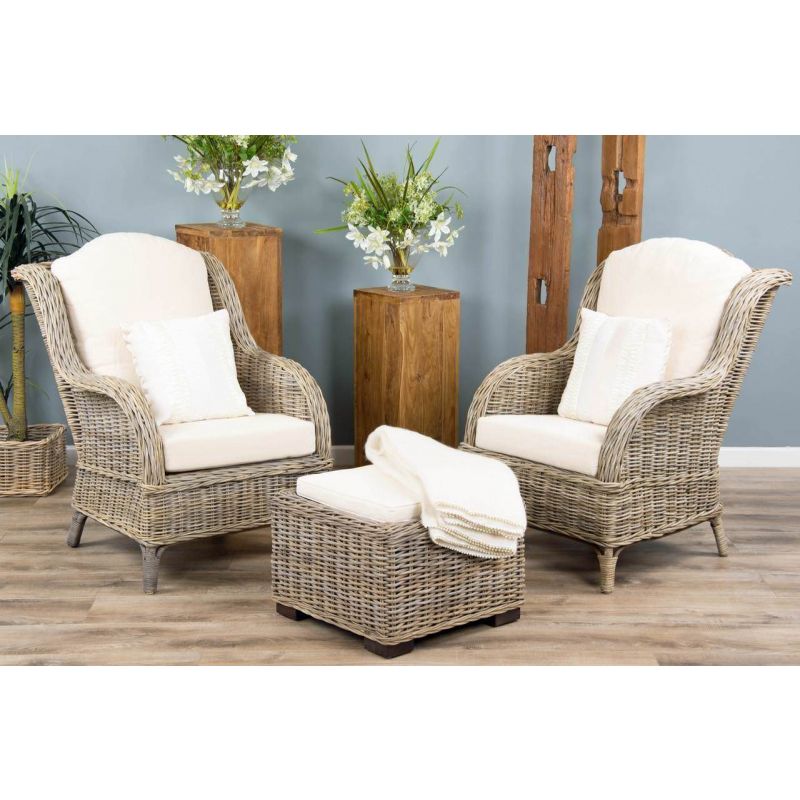 2 Jumo Natural Wicker Armchairs with Footstool Set