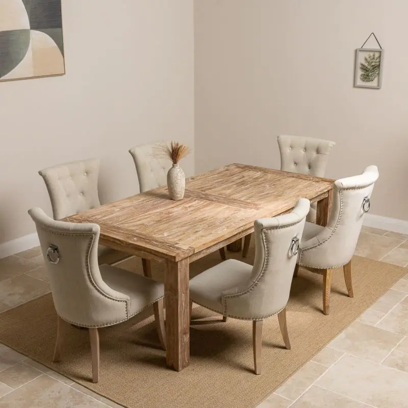 2m Reclaimed Teak Mexico Dining Table with 6 Windsor Ring Back Chairs