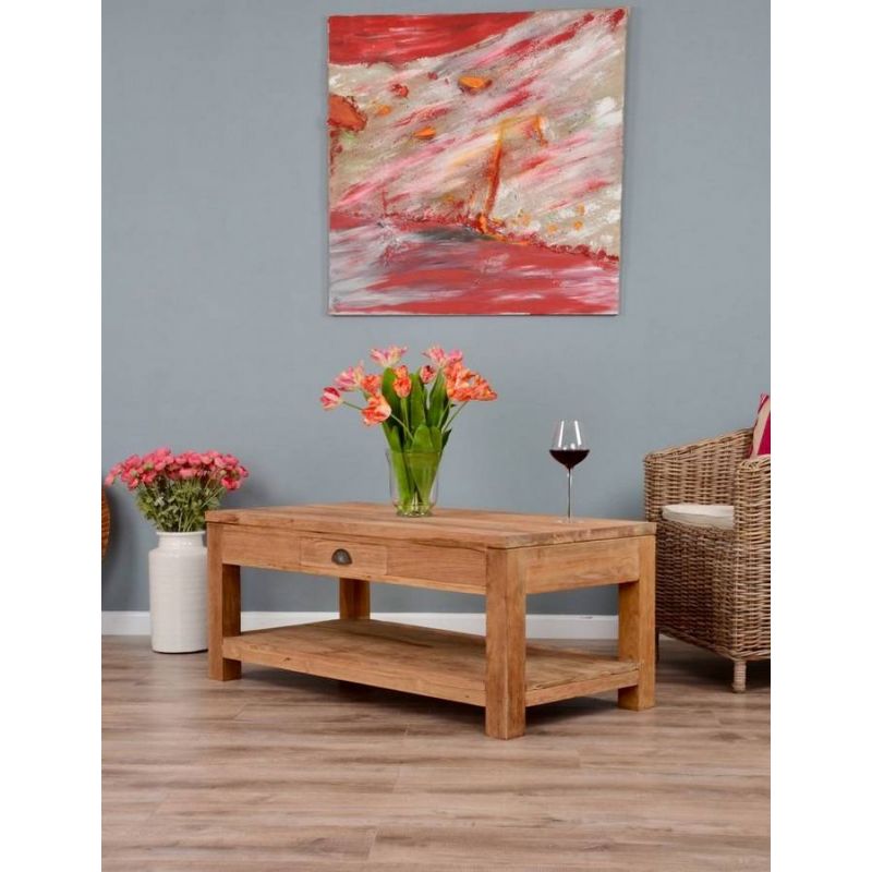 120cm Reclaimed Teak Modern Coffee Table with Draw & Shelf