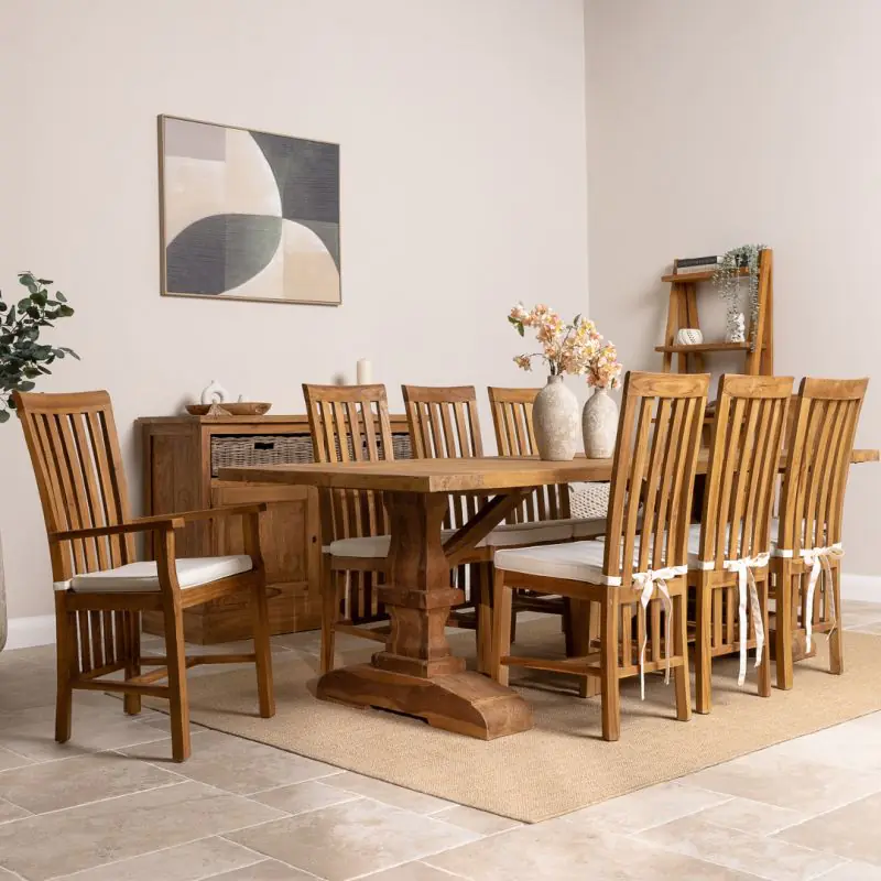 2.4m Reclaimed Teak Monastery Dining Table with 6 Santos Chairs and 2 Armchairs 2.4m Reclaimed Teak Monastery Dining Table with 6 Santos Chairs and 2 Armchairs