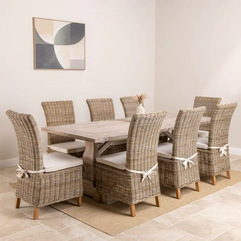 2.4m Reclaimed Teak Monastery Whitewash Dining Table with 8 Latifas