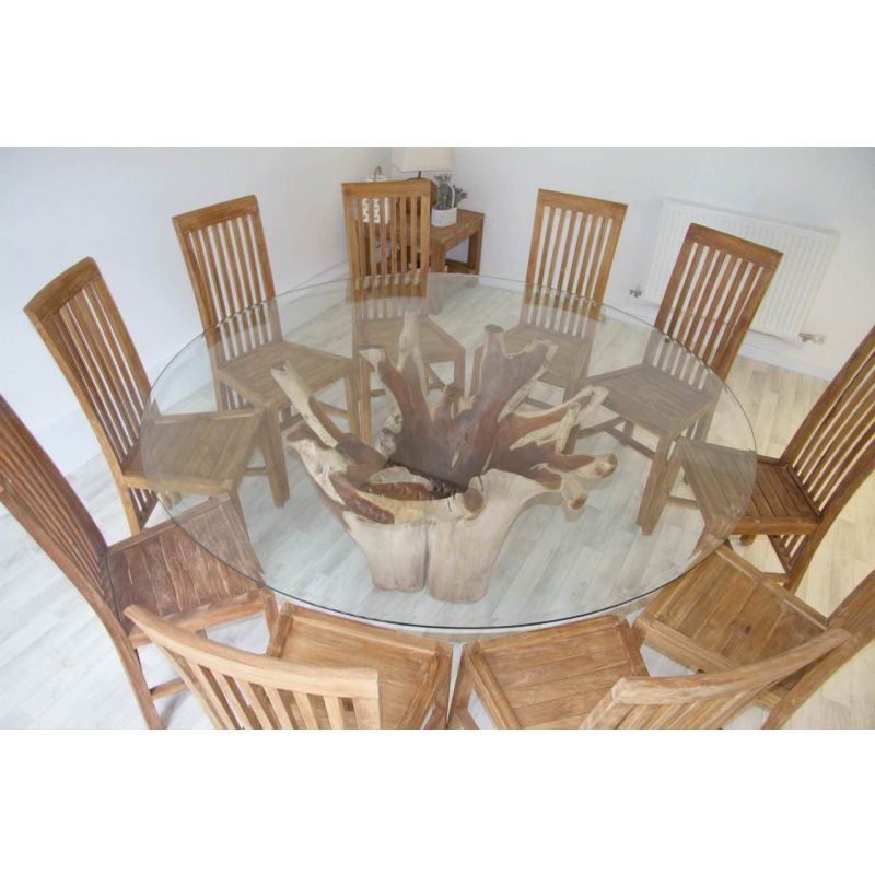 1.8m Reclaimed Teak Root Flute Circular Dining Table with 8 Santos Chairs