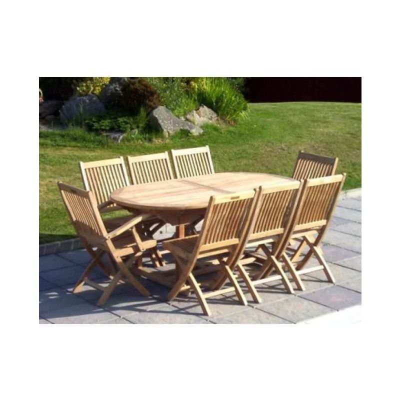 1.9m Teak Oval Pedestal Table with 6 Kiffa Folding Chairs and 2 Armchairs 