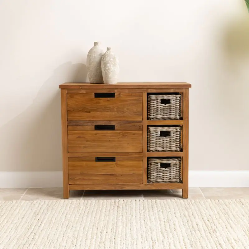 Reclaimed Teak 3 Drawer 3 Basket Storage Unit - 90cm