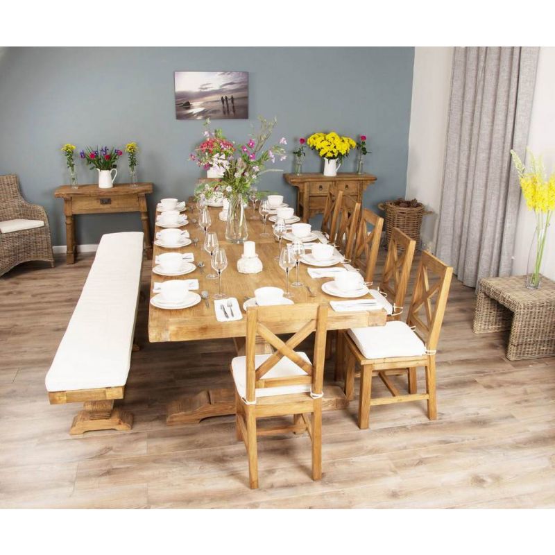 3m Reclaimed Elm Pedestal Dining Table with 7 Elm Cross Back Chairs and 1 Bench