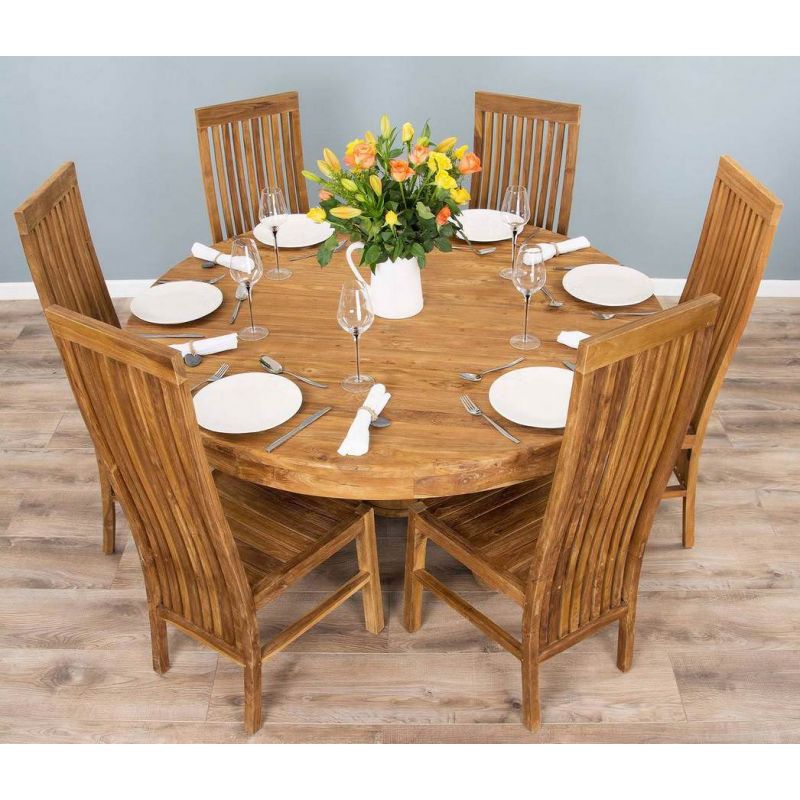 1.5m Reclaimed Teak Circular Pedestal Dining Table with 6 or 8 Vikka Chairs