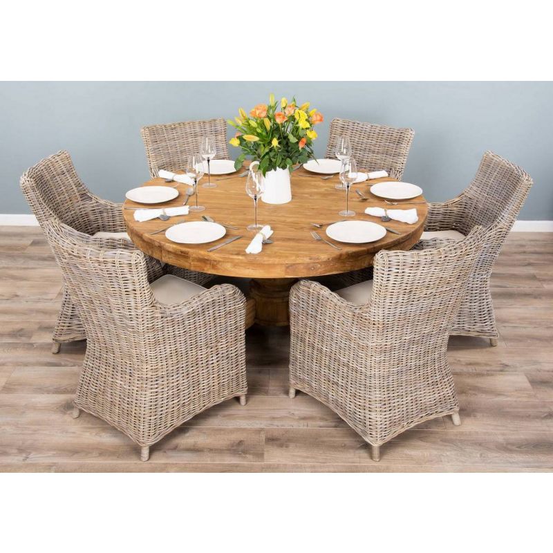 1.5m Reclaimed Teak Circular Pedestal Dining Table with 6 Donna Armchairs
