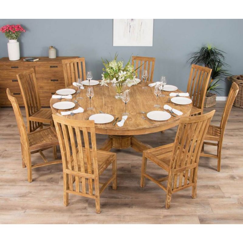 1.8m Reclaimed Teak Circular Pedestal Table with 8 Santos Dining Chairs 