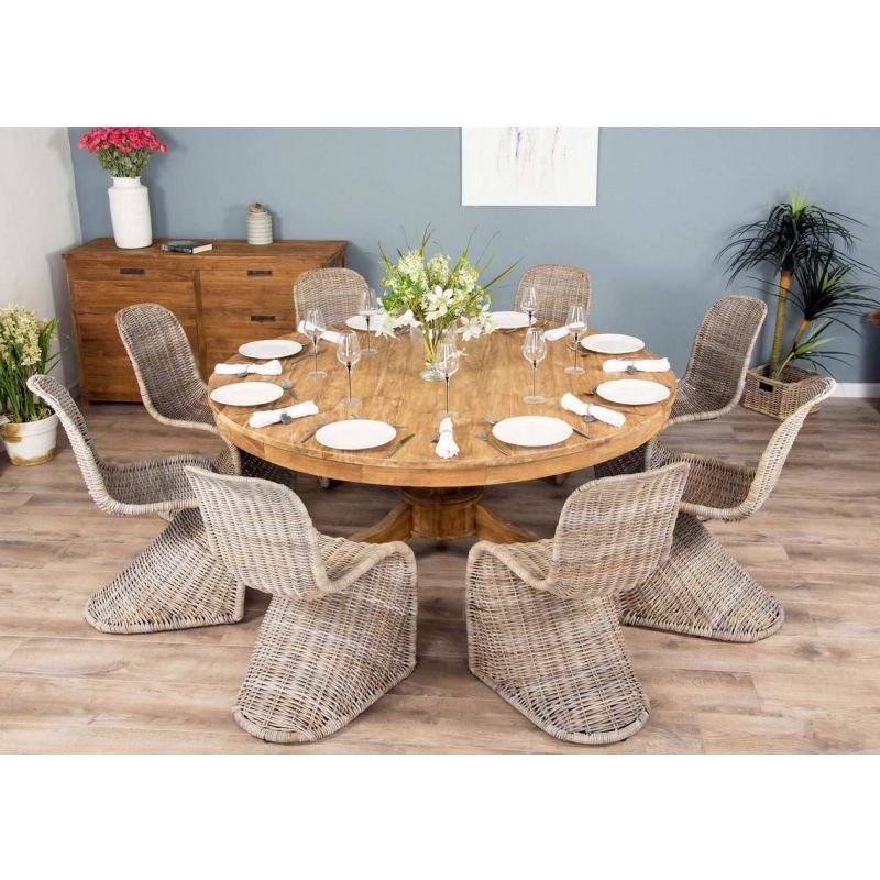 1.8m Reclaimed Teak Circular Pedestal Table with 8 Stackable Zorro Dining Chairs