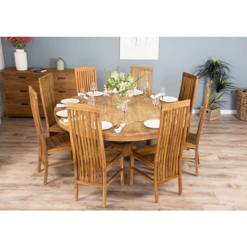 1.8m Reclaimed Teak Circular Pedestal Table with 8 Vikka Dining Chairs