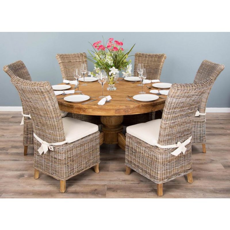 1.5m Reclaimed Teak Circular Pedestal Dining Table with 6 Latifa Chairs