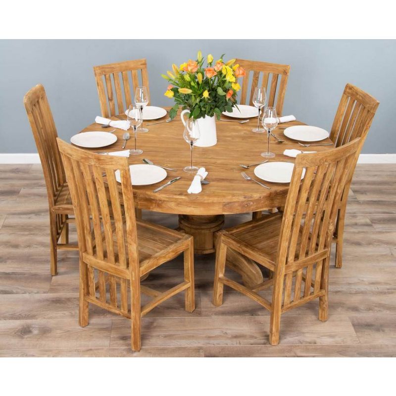 1.5m Reclaimed Teak Circular Pedestal Dining Table with 6 Santos Chairs