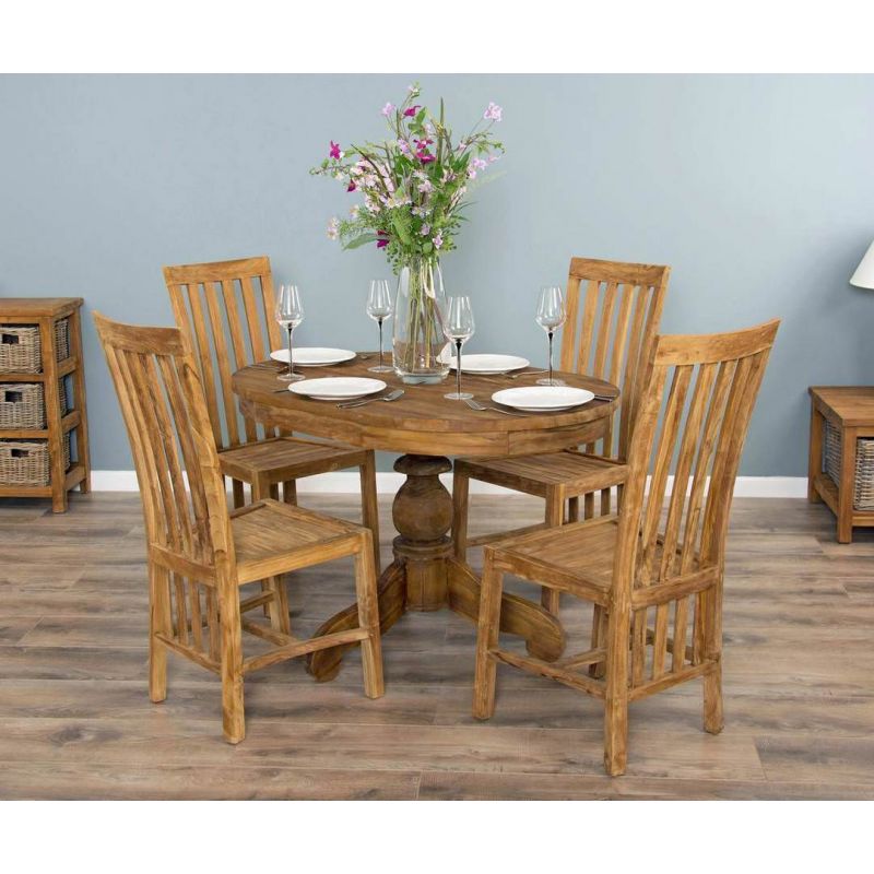 1.2m Reclaimed Teak Oval Pedestal Dining Table with 4 Santos Dining Chairs