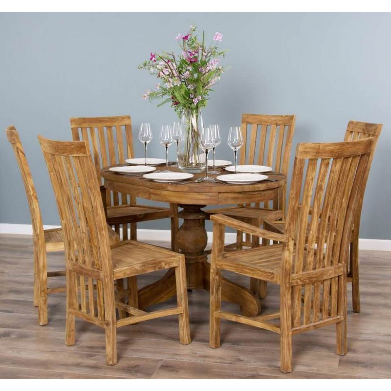 1.2m Reclaimed Teak Oval Pedestal Dining Table with 4 Santos Dining Chairs & 2 Santos Armchairs