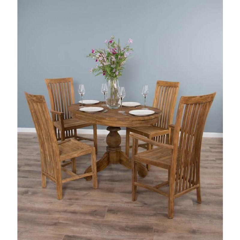 1.2 Reclaimed Teak Oval Pedestal Dining Table with 2 Santos Dining Chairs & 2 Santos Armchairs