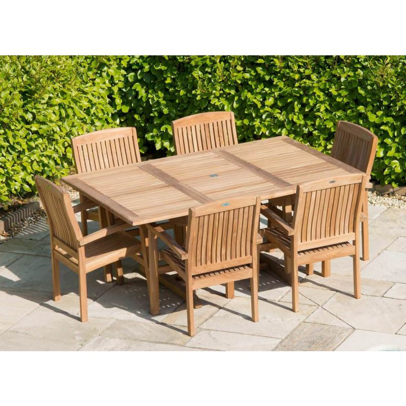 1m x 1.8m - 2.4m Teak Rectangular Extending Table with 6 Marley Armchairs