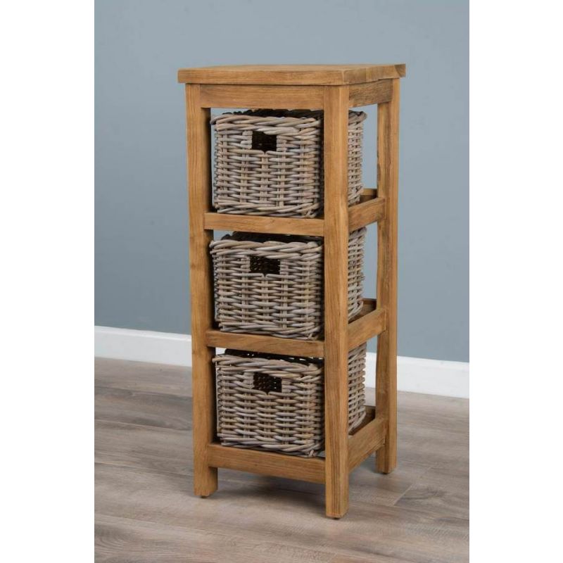 Reclaimed Teak Storage Unit with 3 Natural Wicker Baskets