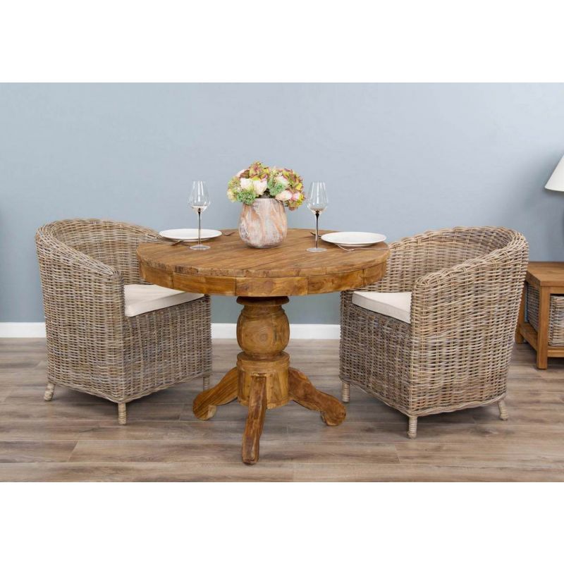1m Reclaimed Teak Circular Pedestal Dining Table with 2 Riva Tub Dining Chairs 