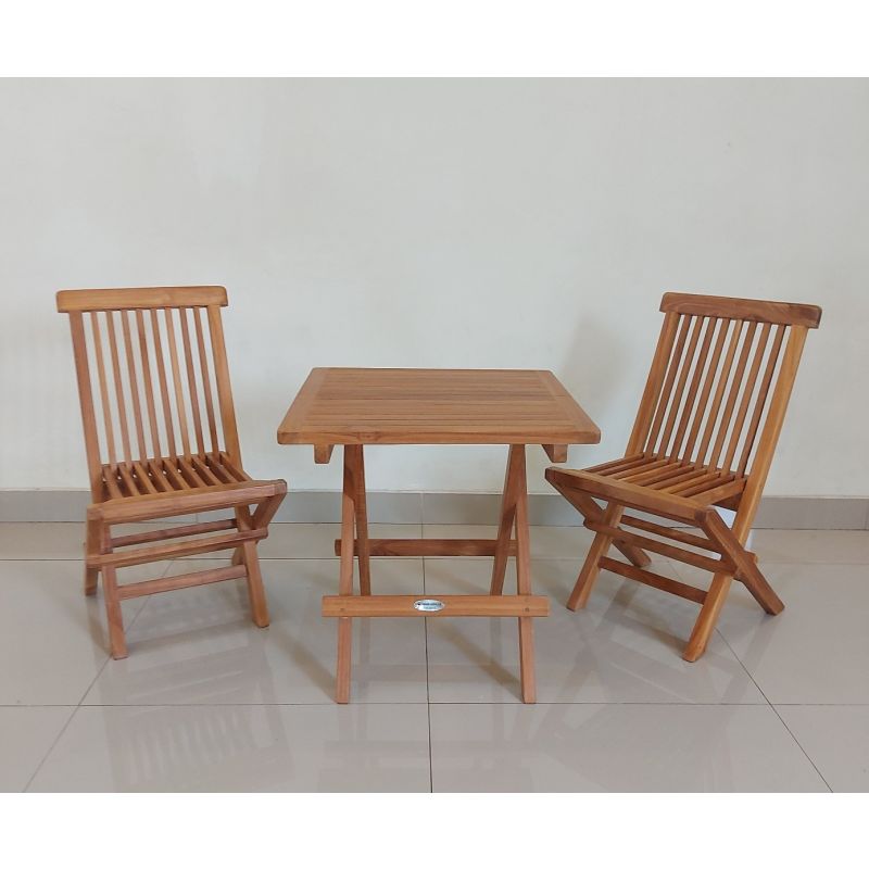 Children's 50cm Teak Square Folding Table with 2 Children's Classic Folding Chairs