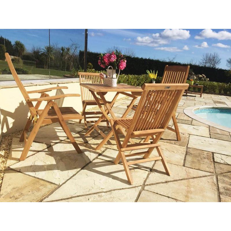 70cm Teak Square Folding Table with 2 Classic Folding Chairs and 2 Harrogate Recliners