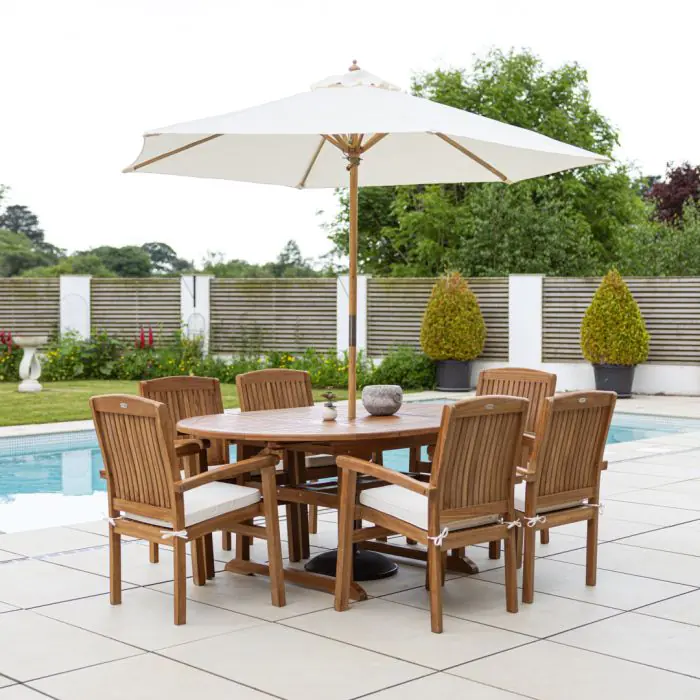 1.2m x 1.2m - 1.8m Teak Circular Extending Table with 6 Marley Chairs / Armchairs - 16