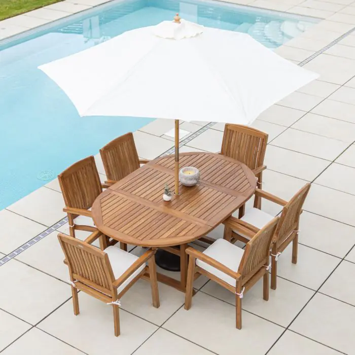 1.2m x 1.2m - 1.8m Teak Circular Extending Table with 6 Marley Chairs / Armchairs - 15