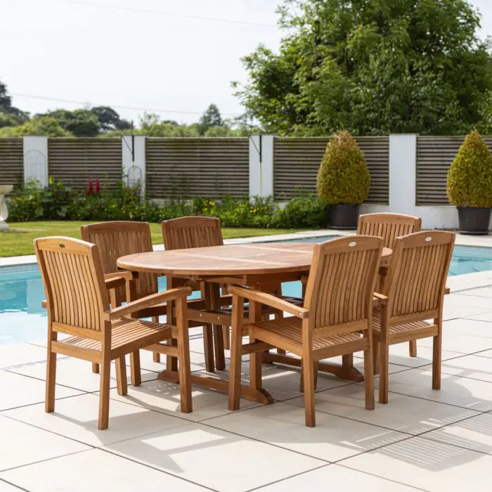 1.2m x 1.2m - 1.8m Teak Circular Extending Table with 6 Marley Chairs / Armchairs - 9