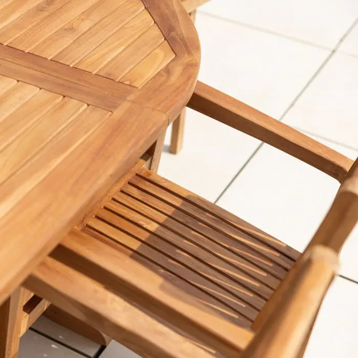 1.2m x 1.2m - 1.8m Teak Circular Extending Table with 6 Marley Chairs / Armchairs - 10