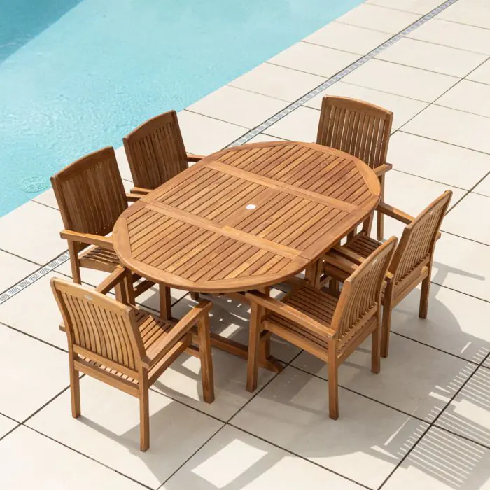 1.2m x 1.2m - 1.8m Teak Circular Extending Table with 6 Marley Chairs / Armchairs - 7