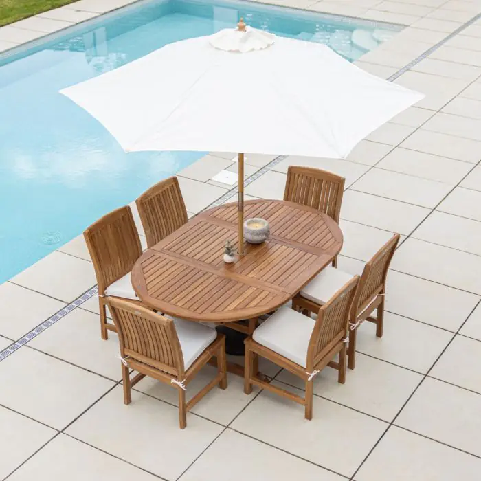 1.2m x 1.2m - 1.8m Teak Circular Extending Table with 6 Marley Chairs / Armchairs - 13