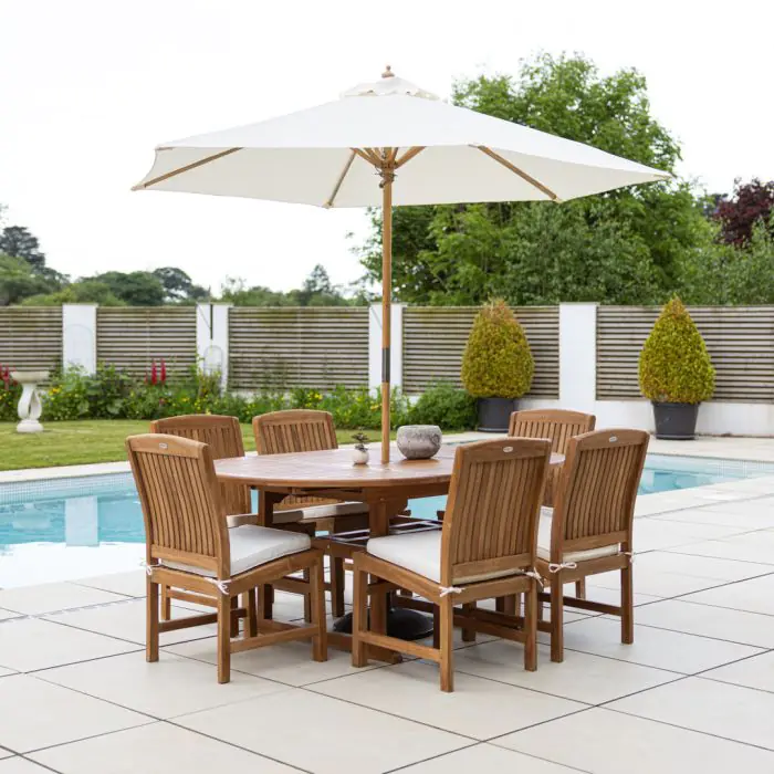 1.2m x 1.2m - 1.8m Teak Circular Extending Table with 6 Marley Chairs / Armchairs - 14