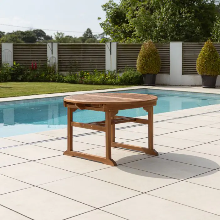 1.2m x 1.2m - 1.8m Teak Circular Extending Table with 6 Marley Chairs / Armchairs - 18