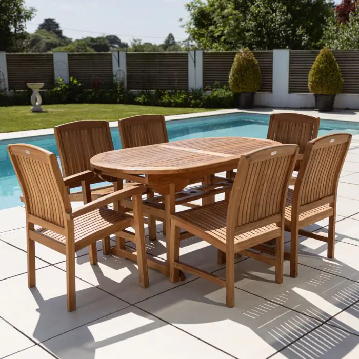 1.6m Teak Oval Pedestal Table with 4 Marley Chairs & 2 Marley Armchairs - 1