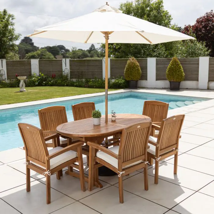 1.6m Teak Oval Pedestal Table with 6 Marley chairs - 15