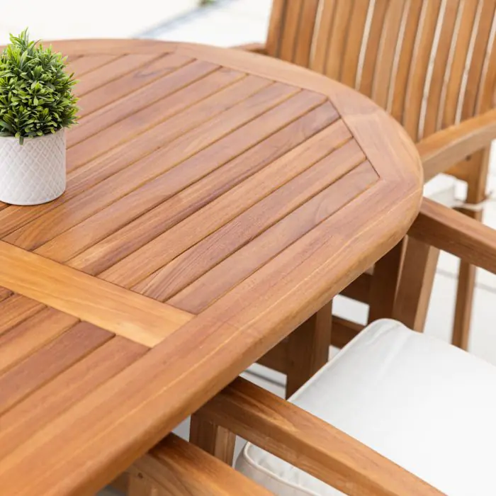 1.6m Teak Oval Pedestal Table with 6 Marley chairs - 17