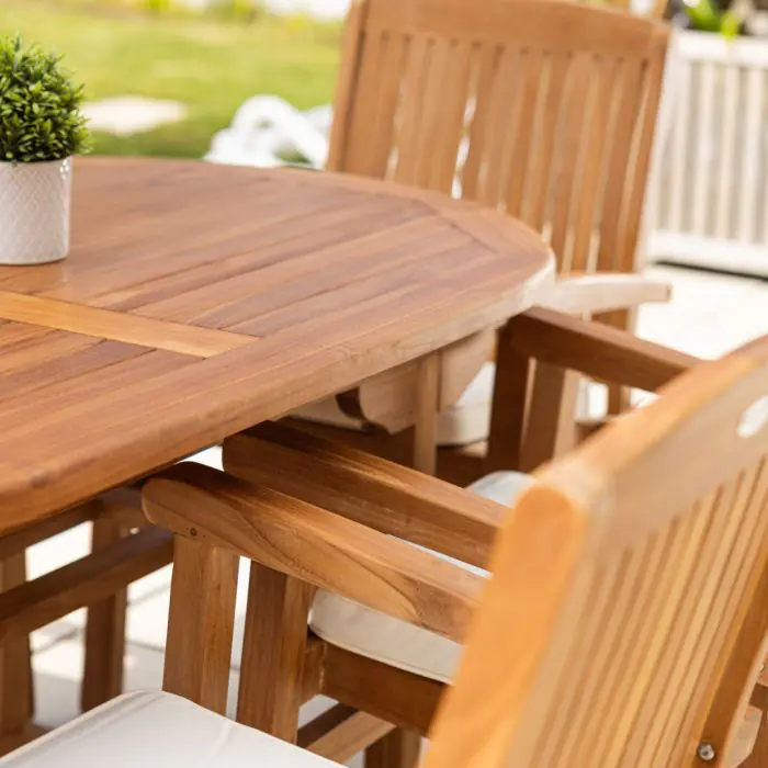 1.6m Teak Oval Pedestal Table with 6 Marley chairs - 16