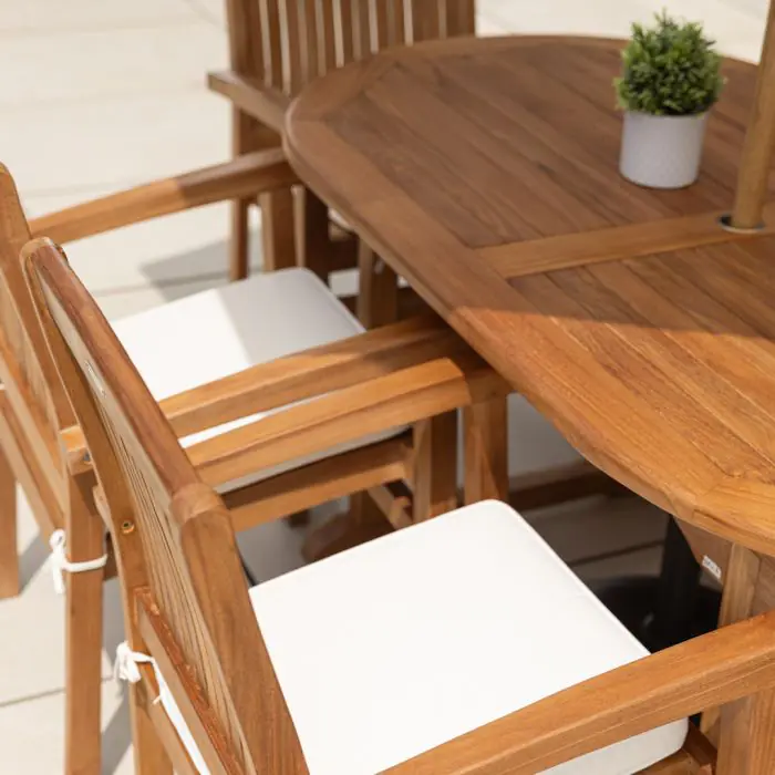 1.6m Teak Oval Pedestal Table with 6 Marley chairs - 18