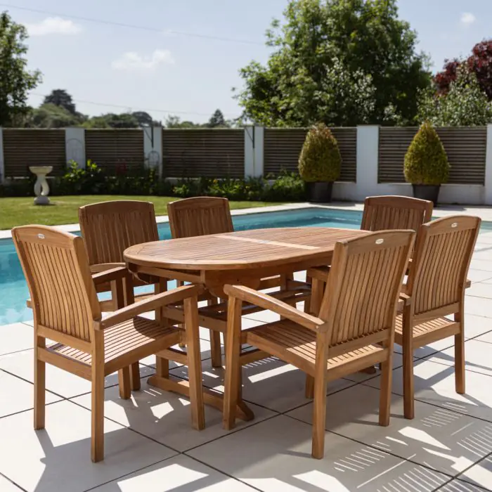 1.6m Teak Oval Pedestal Table with 6 Marley chairs - 11