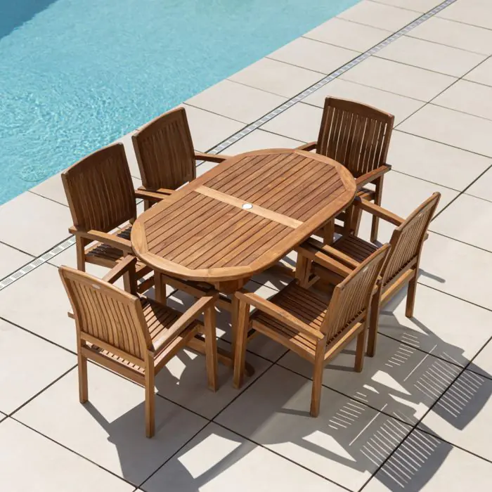 1.6m Teak Oval Pedestal Table with 6 Marley chairs - 2