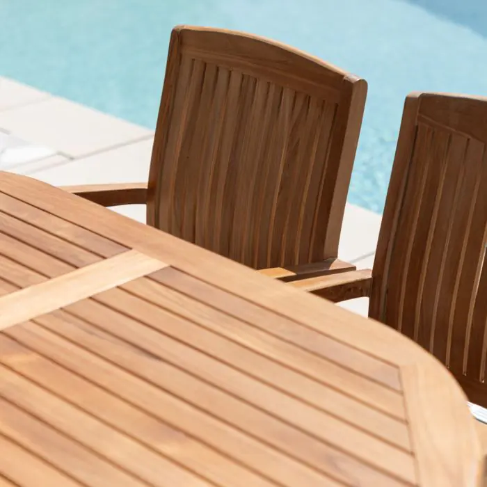 1.6m Teak Oval Pedestal Table with 6 Marley chairs - 13