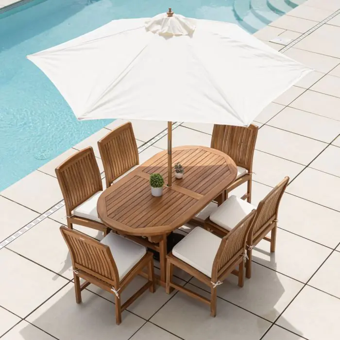 1.6m Teak Oval Pedestal Table with 6 Marley chairs - 10