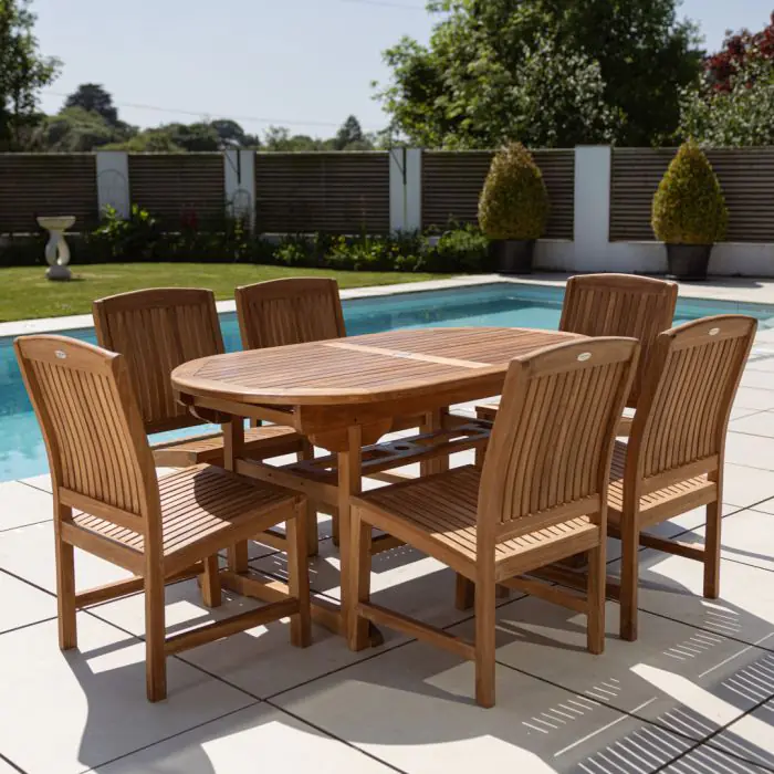 1.6m Teak Oval Pedestal Table with 6 Marley chairs - 4
