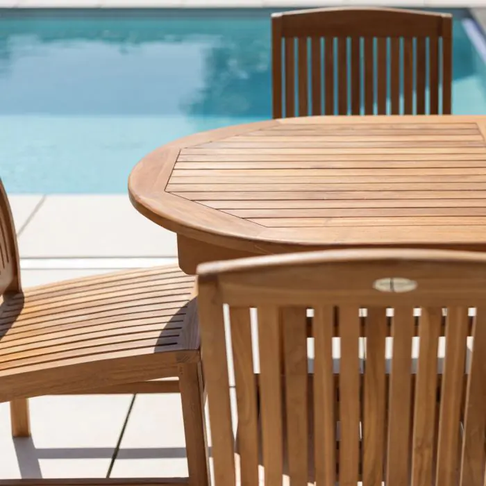 1.6m Teak Oval Pedestal Table with 6 Marley chairs - 9