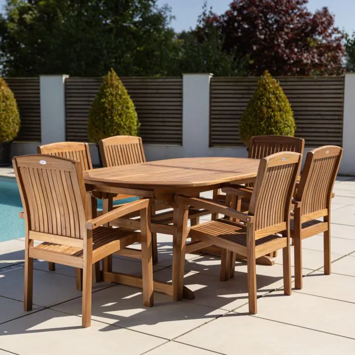 1.9m Teak Oval Pedestal Table with 6 Marley Chairs - 4