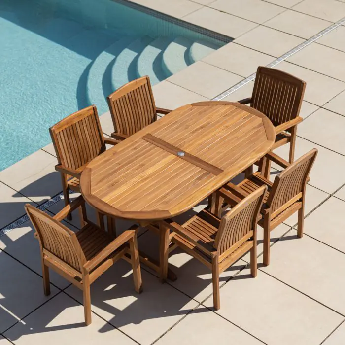 1.9m Teak Oval Pedestal Table with 6 Marley Chairs - 3