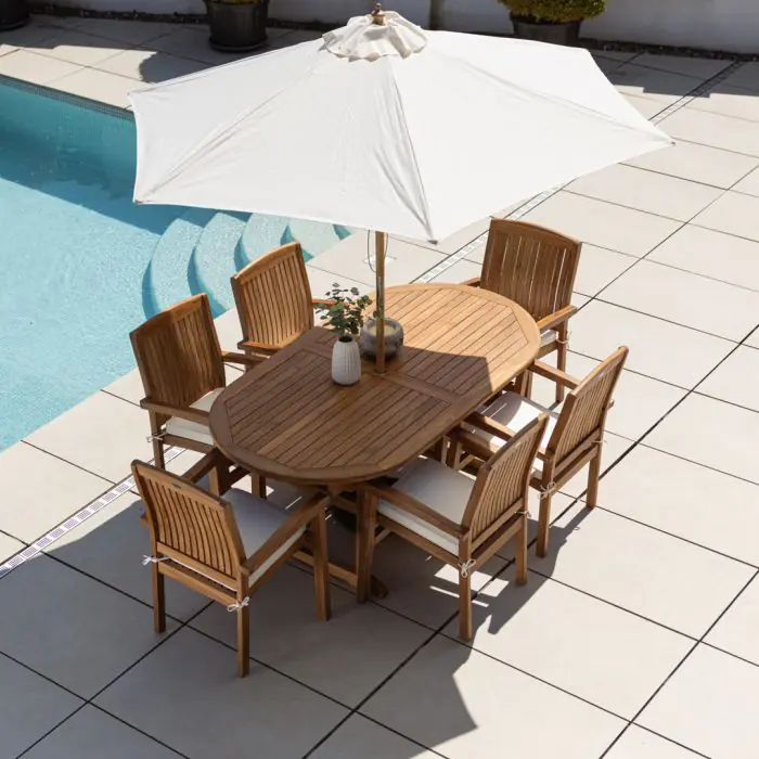 1.9m Teak Oval Pedestal Table with 6 Marley Chairs - 12