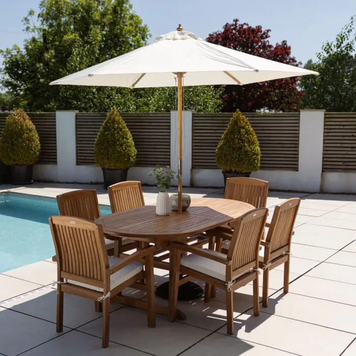 1.9m Teak Oval Pedestal Table with 6 Marley Chairs - 13